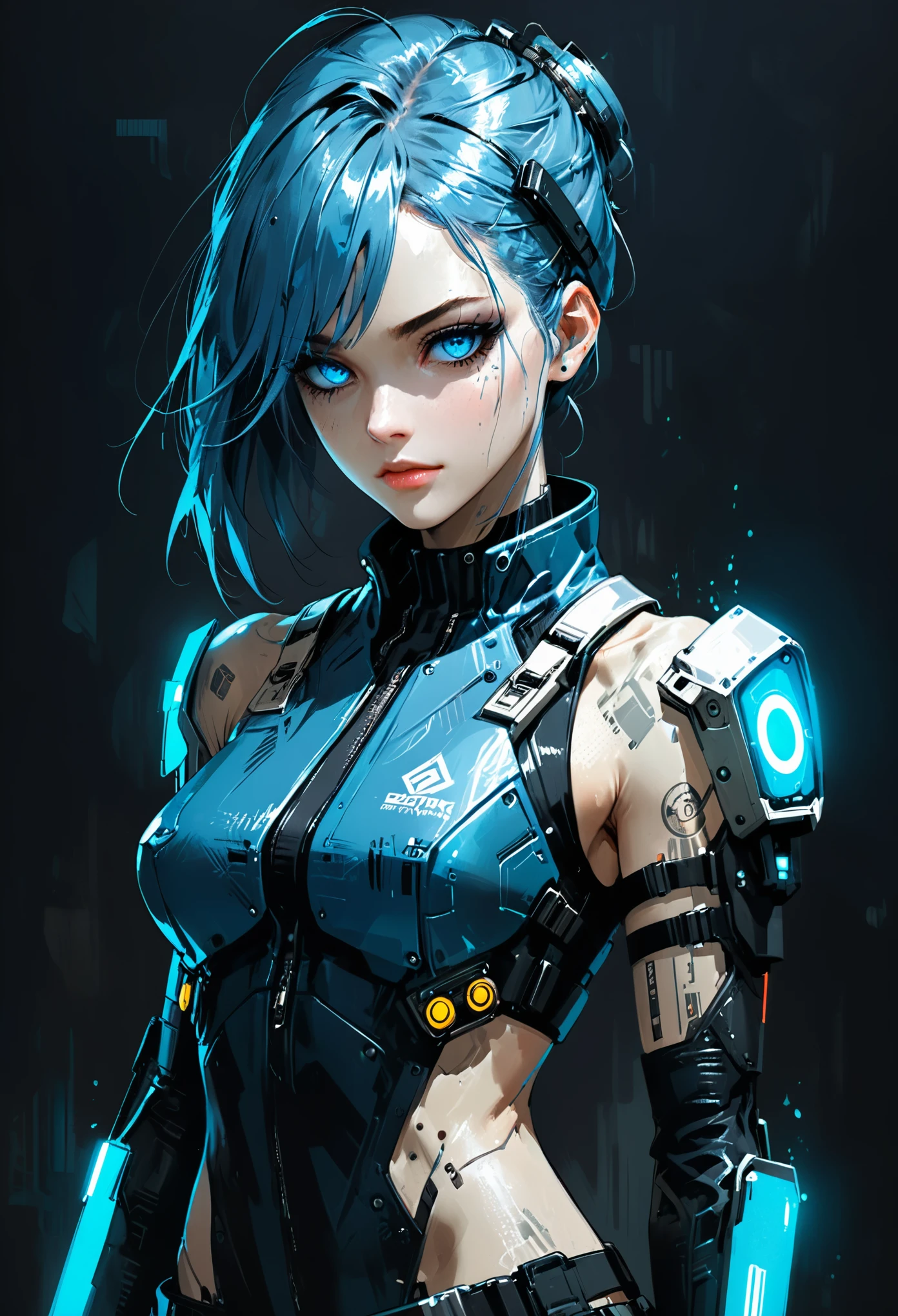 in style Harry Clark,(in style of Ashley Wood:0.1),Character concept design,Cyberpunk style female character,Details: glowing dodgerblue eyes,Textured Skin,Gorgeous Clothing