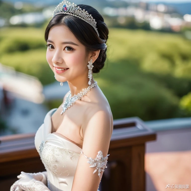 (highest quality, On the table:1.2), (Actual:1.3), (非常にDetailed Background, Detailed Background), Bokeh,Shooting from the side,  ((Medium chest)), [[valley]],(Princess line wedding dress:1.3),(((One Shoulder:1.3))), Bridal Tiara, Wedding Veil, Bridal Gloves,  Upper Body, (Wedding venue near the beach:1.2), smile,Large Breasts,Large Breasts,Earrings,necklace