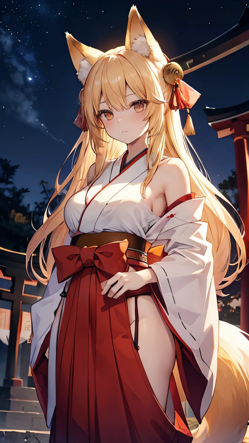 female up,shrine,torii,Moonlit Night,Toned body,Blonde,Long Hair,Golden Eyes,Hakama,Fox ears,Fox tail,Fox Mask,Large Breasts