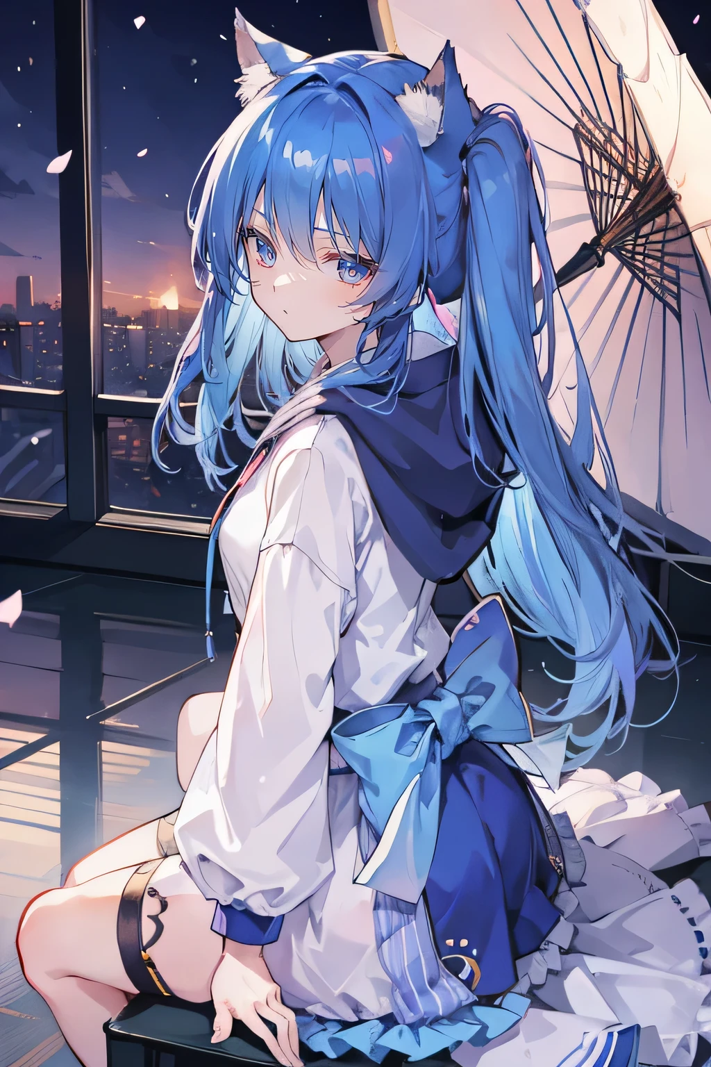 (masterpiece:1.2),Super detailed,lifelike,Expressive eyes,fair skin,perfect face shape,1 girl,
Japanese comics,Gorgeous blue hair,flowing blue hair,flowing clothes,Cat ears,Petals fall,beautiful lola,Baby Angel,
Shaking head with one hand,Cross your legs,Gentle and peaceful background,The pavilion is cool and comfortable,smile, wearing hoodie, background of tokyo,back views,snowing, winter.