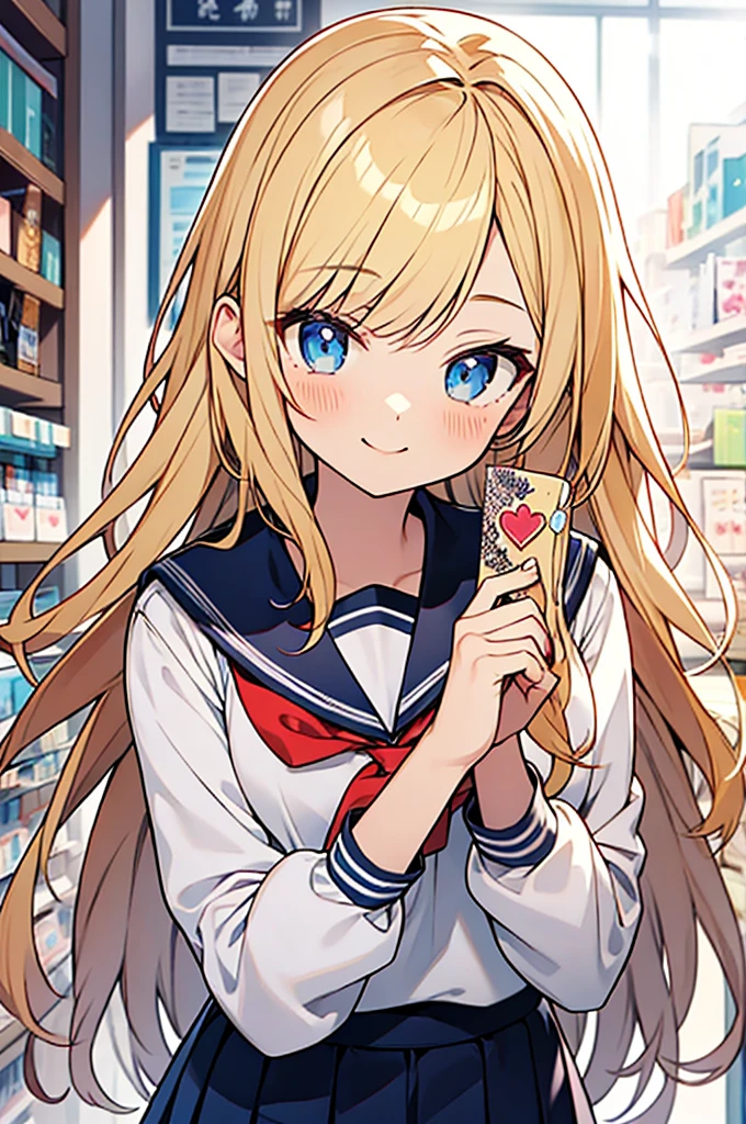 anime style,blonde loose long hair,school sailor uniform,
She looks like beautiful girl, but she's actually a boy,smile,
heart_shaped_sticky_note in hand,Stationery store,cool beauty,