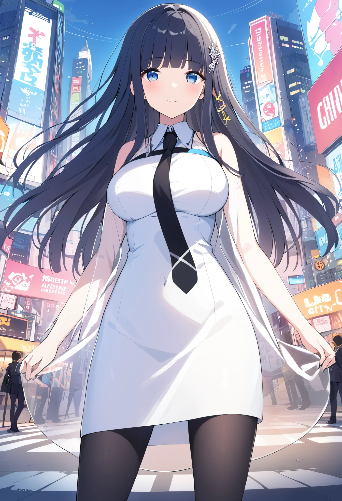 SHIBA MIYUKI, BLACK HAIR, BLUE EYES, LONG HAIR, HAIR ORNAMENT, BLUNT BANGS
FIRST HIGH , WHITE DRESS, BLACK NECKTIE, CITY, BLACK PANTYHOSE, SEE-THROUGH DRESS  ,large breasts , ConcertHole, 1girl, 