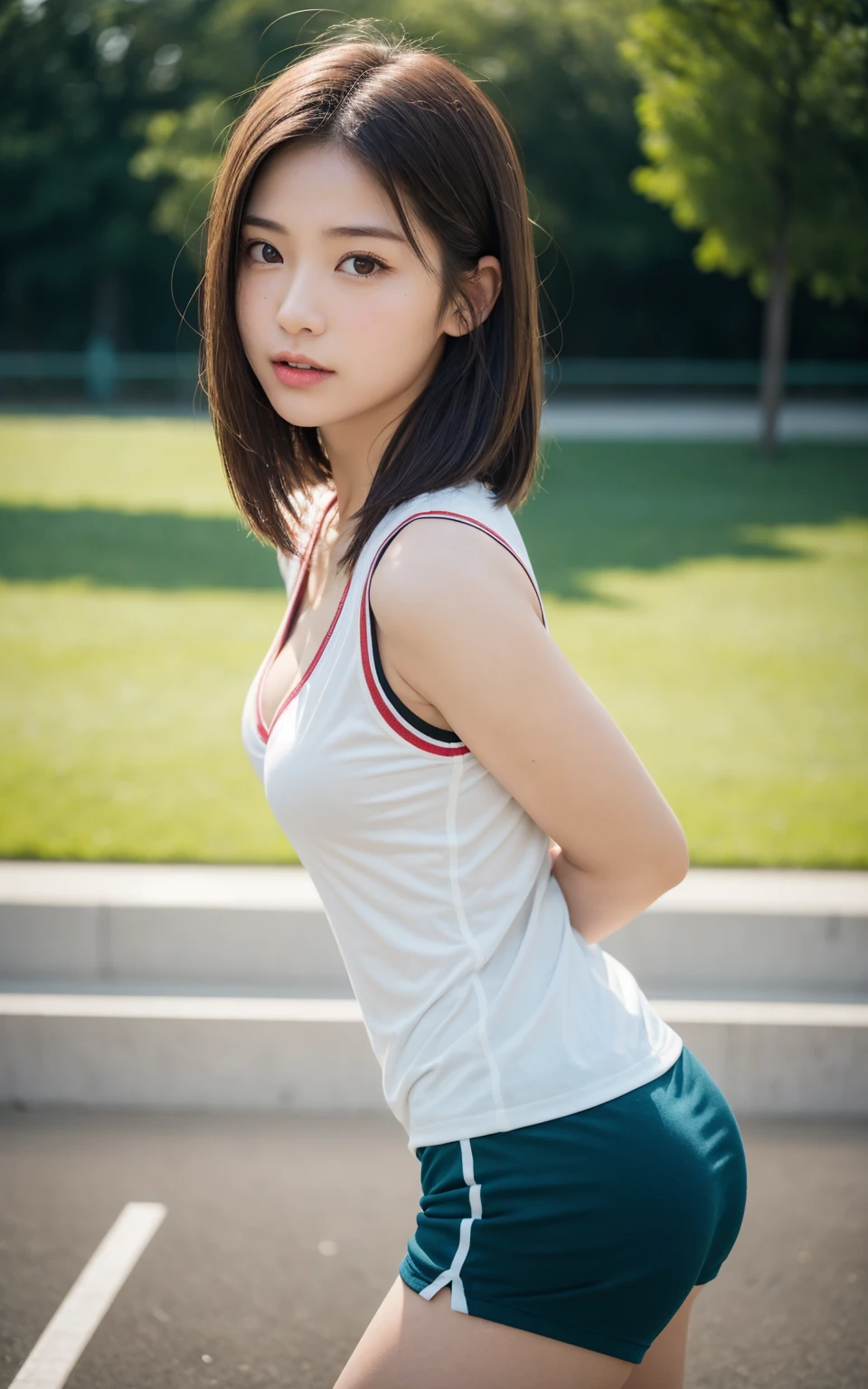 （8k、live-action、Raw photo、highest quality、masterpiece：1.2),(Outdoors,Front lighting:1.2),((Perfect lighting)),(Long Bob Cut),Watching the audience,Looking up,Sexy pose, strong,Erotic,18-year-old,student,White skin,knees,Absurd,Small Face,前hairを真ん中から分けます、The forehead is visible,(Be embarrassed,Tight eyes,Glare,strong,skinny,skinny,get annoyed)、masterpiece,highest quality、超A high resolution,one person, solo,Close-up shot、cute、Back to Students,(Sporty clothes:1.3),High school girl,Japanese women,standing,（フォトReal：1.37）、Photon Mapping,Realistic、cuteSmall Face,Brown eyes、prospect、Depth of written boundary、Blurred Background、Real,(前hairが見える), hair, kneesが見える, thigh,(Nogizaka Idol), actress、Big and ample breasts、Cleavage、Super fine、Low people、(Skin with visible pores:1.2)、(Focus on the face)、8 heads、Natural neck、Check and correct the skeleton