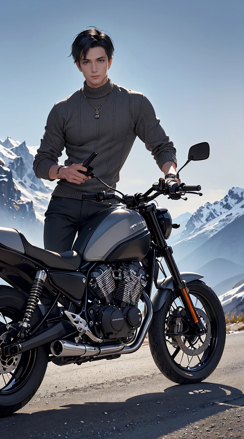 (masterpiece, Best quality, high resolution, ultra detail), (beautiful and aesthetic: 1.2), ((1 man)) ((black hair)), ((short hair)), ((Gray eyes)), Male focus, (slight smile: 0.8), detailed eyes and face, trousers, sweater, boots, urban style, motorcycle, ride in the mountains, mountains, road,1guy