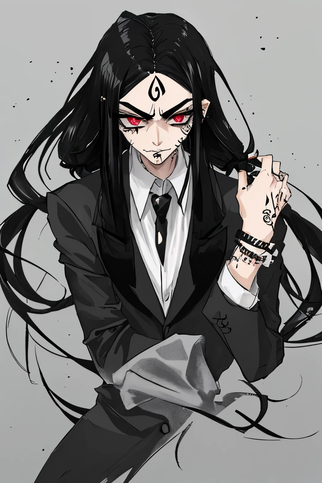 mobster, long black hair with elastic, eyebrow piercing 