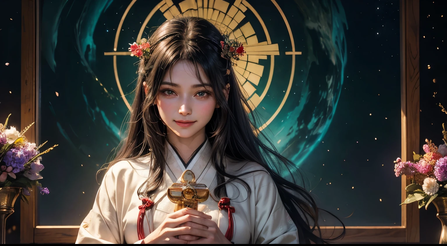 (RAW Photos:1.2), (Realistic), Beautiful detailed smiling slender dark haired woman, Very detailed eyes and face, Beautiful fine details, Large file size, High resolution, Very detailed, highest quality, [Tabletop:1.6], figure, Very detailed, The finer details, highest quality, 8k wallpaper, Cinema Lighting,Shrine maiden from Japan, Healing Magic, Sacred robe,  Glitter Green Healing Spell, Healing space around you, Mr.々A space filled with colorful flowers,A kind smile,The shrine maiden looks at the healing spell with a gentle gaze.,mysterious,Ultra fine,