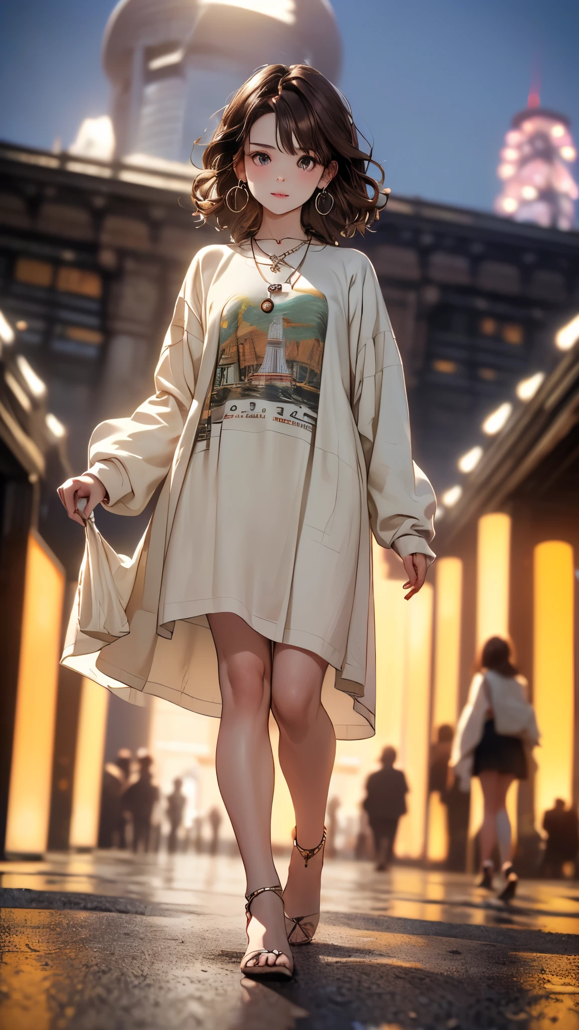 ((Biologically correct limb count))、((Full Body Shot, Full-body photo including face))、4K、masterpiece、((Focus on the face))、((Symmetrical facial features))、Eyes of meticulous depiction、Beautiful woman、Excellent style、Beautiful feet、(High heels)、Facial detailing、Small earrings、necklace、((Long sleeve T-shirt)、skirt)、((Background(Tokyo Big Sight)forward、Front of the International Exhibition Center))、Brown Hair、Walking posture、High angle、((Backlight))、