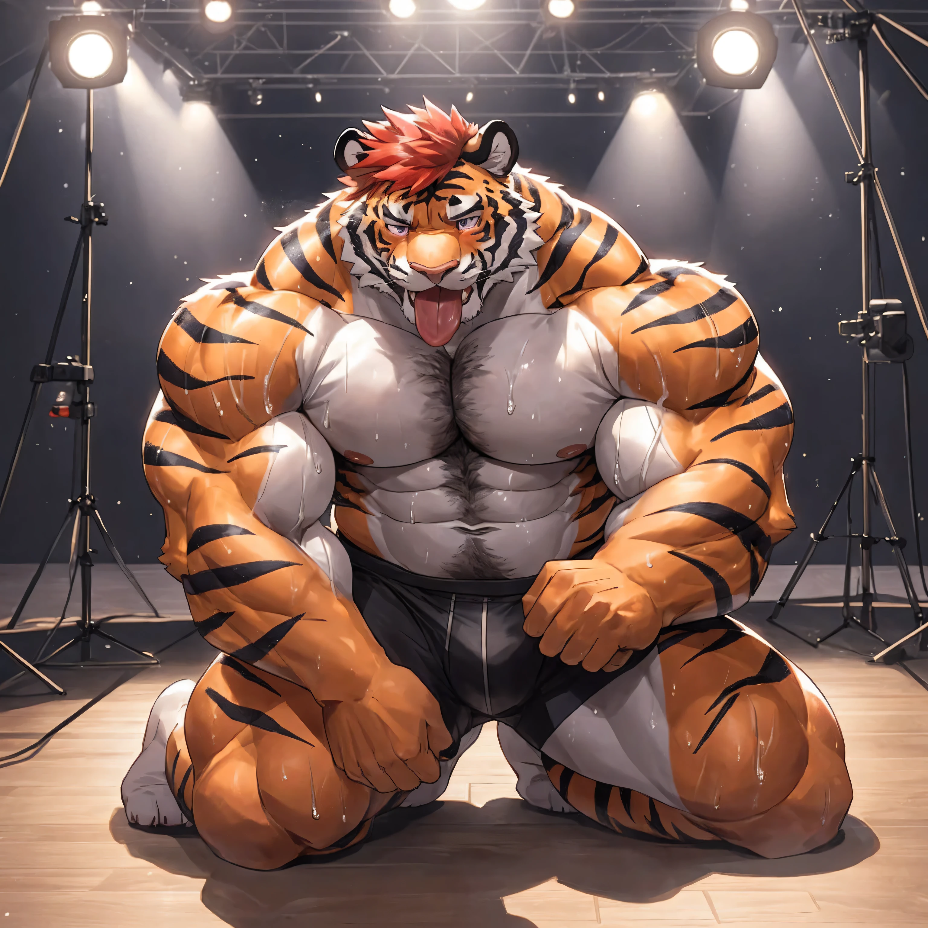masterpiece, best quality, 8k resolution, Very detailed, hairy,tiger,strong,Strong,Muscle lines,Super Muscle,Round Face,Red hair,Purple Eyes,Shirtless,Blushing,,Kneeling,Sweat,Sticking out the tongue,Shameful,The is facing the audience,Raised crotch,Highest quality scene,Solitary,solitary,Video studio,Filming