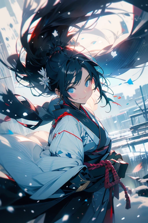 1lady,solo,cute,smile,black hair and long hair,standing,kimono,outdoor,falling snow