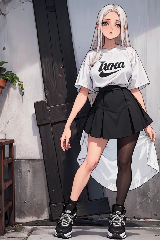 22 anos, pele branca, quase fala, cabelo branco, rosa nas pontas, cabelo extremamente longo, apertado, black pantyhose, black sneakers, cabelo branco, cabelo entre os olhos, cabelo branco, boca fechada, faixa, messy hair big formal skirt