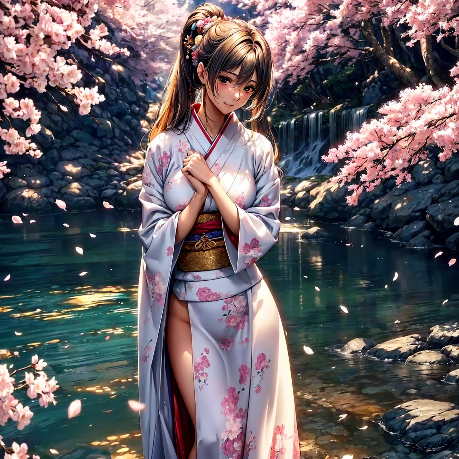 (((highest quality、masterpiece、Very high resolution、High-resolution images)))、(Beauty Painting)、(A woman of perfect and ultimate beauty:18-year-old、Beautiful body:Slender and beautiful breasts、Beautiful Face:smile、Beautiful colorsの髪:Japanese hair and Japanese hair accessories、Beautiful Eyes)、(Best skin and hair texture、Realistic texture、Beautiful texture、Smooth texture)、((nude))、Wearing a Japan kimono、Beautiful waterfront、Waterfall and cherry blossoms、Lantern、Beautiful night sky:Starry Sky、Natural light、Beautiful views、Beautiful colors、Beautiful posture、The wind is blowing:Fluttering Hair、Overall image、Perfect detail、Accurate Images、Accurate ???????、No image defects、Perfect image、Beautiful images、(Best Shot:1.2、RAW Photos:1.2)