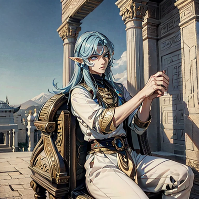 (Masculine elf man) male with an athletic body. pale white skin with long very dark blue hair, some strands on his face, athletic. Serious sky blue eyes, Egyptian clothing with background in a temple.