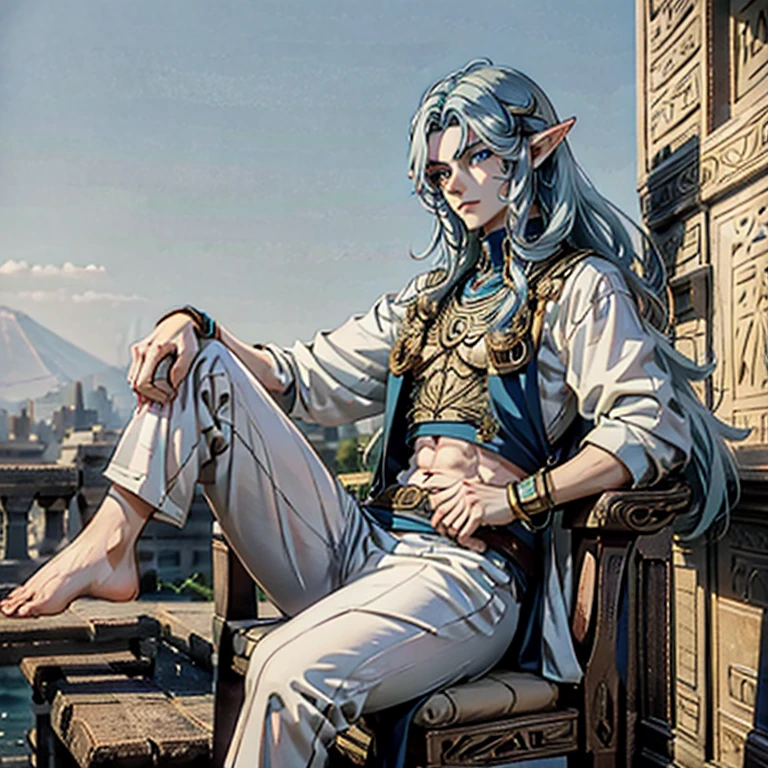 (Masculine elf man) male with an athletic body. pale white skin with long very dark blue hair, some strands on his face, athletic. Serious sky blue eyes, Egyptian clothing with background in a temple.