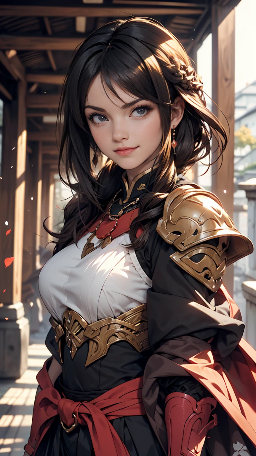 art：yaguru magiku, Teenage girl in black knight armor, Angry smile, Kyoto Animation style from the 2010s, 公式art, ((((Black Hair)), Haruhi Suzumiya&#39;s Eyes, face of Haruhi Suzumiya)), Beautiful symmetrical face, ponytail, In a medieval European castle on an autumn day, Fantasy, alone, alone, 8k, Haruhi Suzumiya's pose