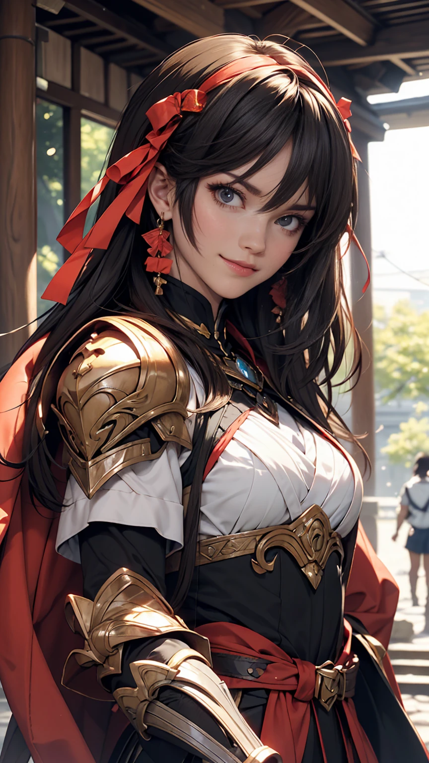 art:yaguru magiku, Teenage girl in black knight armor, Angry smile, Kyoto Animation style from the 2010s, 公式art, ((((Black Hair)), Haruhi Suzumiya's Eyes, face of Haruhi Suzumiya)), Beautiful symmetrical face, ponytail, In a medieval European castle on an autumn day, Fantasy, alone, alone, 8k, Haruhi Suzumiya's pose