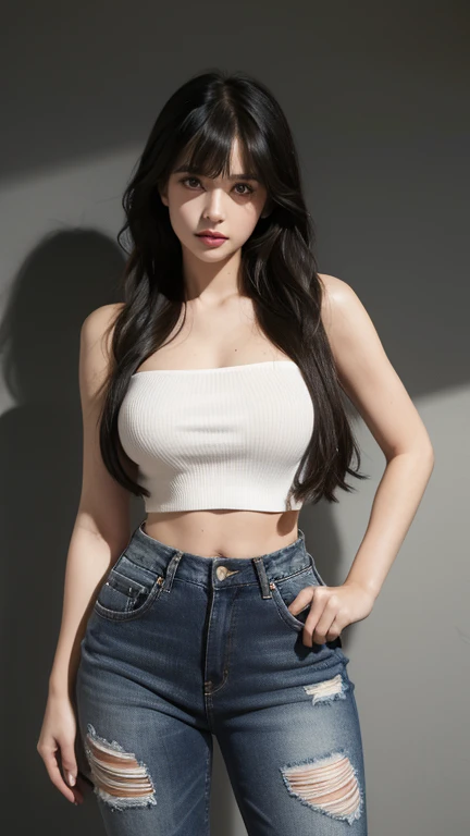 Busty women,One Girl,From below,Blunt bangs,Thighs,Waist-length hair,Wavy long hair,Black distressed jeans,Black tube top,Looking at the camera,Hands on hips,Conceit,Leaning forward,hair band