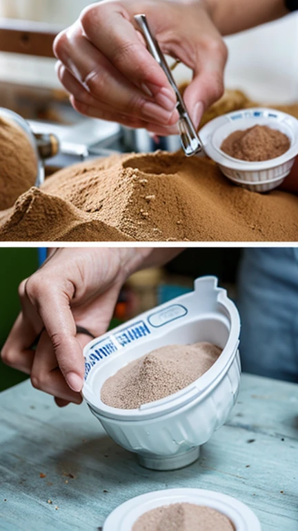 A scene inside a Chinese health supplement production factory，Workers are mixing milk powder with starch to make inferior health supplement tablets，Close-up of milk powder and starch。