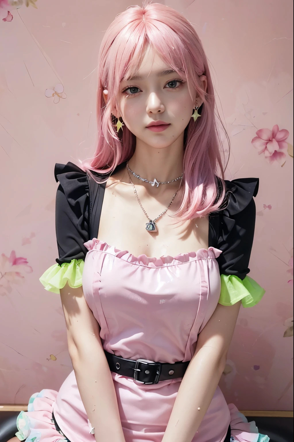 (8K, top-quality, masterpiece:1.2), (reallistic, Photorealsitic:1.37), Super Detail, One girl,), (Highly detailed), (beautifully detailed eyes), (of the highest quality), (super detailed ), (masterpiece), (Detailed face),20yr old, ,1 girl, ((pink hair,long hair)), medium breasts, clothed, Perfect Lighting, BREAK, (shiny neon pink green blue:1.5), (gradient color dress:1.4), (stars hearts glitter pattern:1.3), (glossy wet suit fabric:1.5), (short puffy sleeved bolero:1.2), (sheer lace trimmed camisole:1.2), (frilly sleeves sweetheart neckline blouse:1.3), (mini pleated skirt with apron belt:1.3), (bodycon fit silhouette:1.3), (knee high socks with frills:1.2), (clear platform loafers:1.2), (ribbon choker with charm:1.2), (star earrings heart necklace:1.2), (girly accessories:1.2), BREAK, (high quality:1.5), (upper body to knees:1.3), (long pink hair half up:1.2), (gentle smile:1.2), (slight blush:1.1), (turned head:1.1), (rolled up sleeves:1.2), (touching apron:1.2), (vintage wallpaper background:1.2), (soft natural light:1.2)