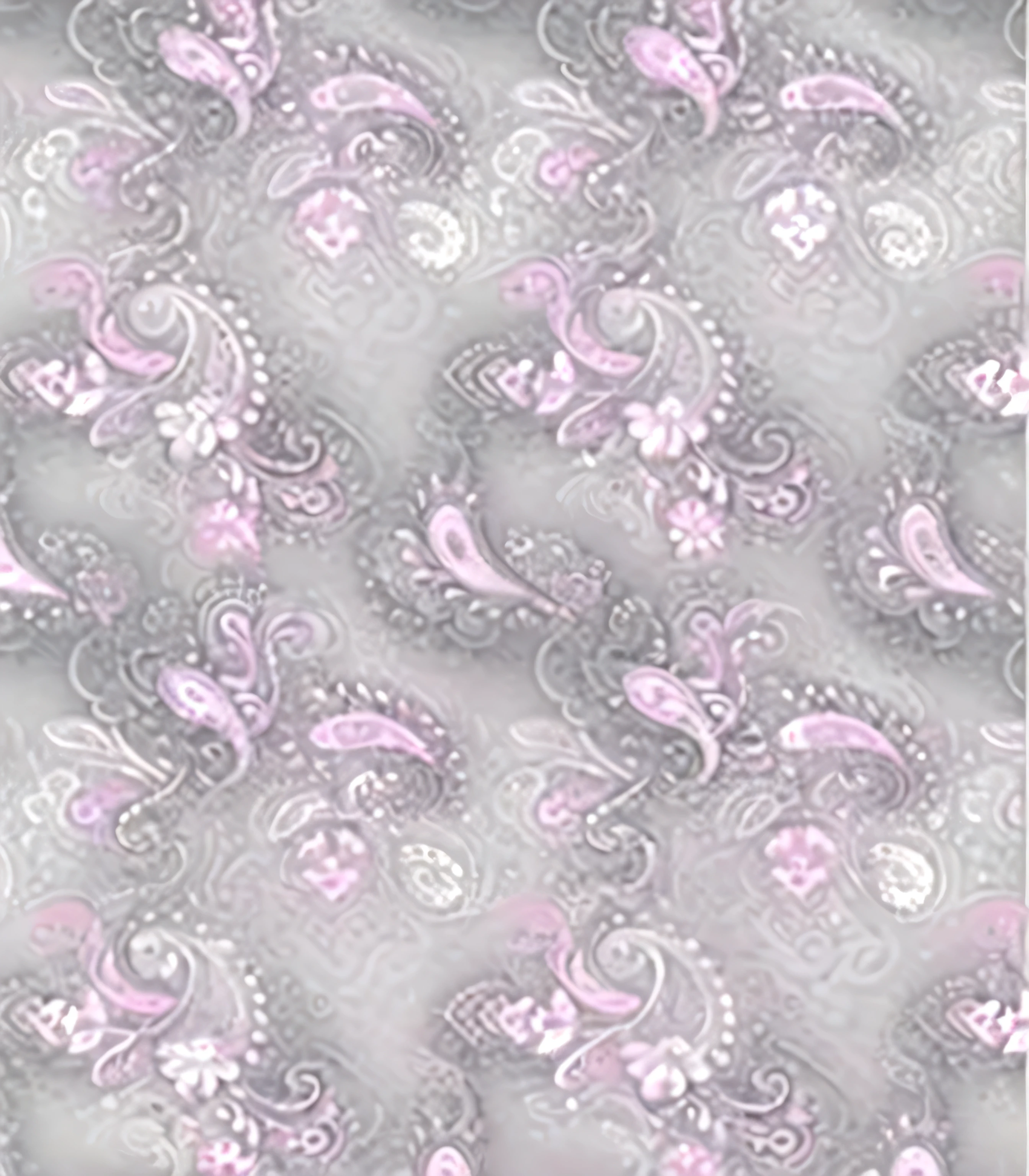 a close up of a pink and gray Paisley pattern on a white background, complex, HD, Paisley, grace, pastel colors pink and gray, intricate Paisley filigree, dream, Paisley wallpaper, Exquisite pattern, light purple mist, White Gorgeous Pastel, repeating fabric pattern, dream soft, Elegant and sophisticated, Fractal Silk, East,