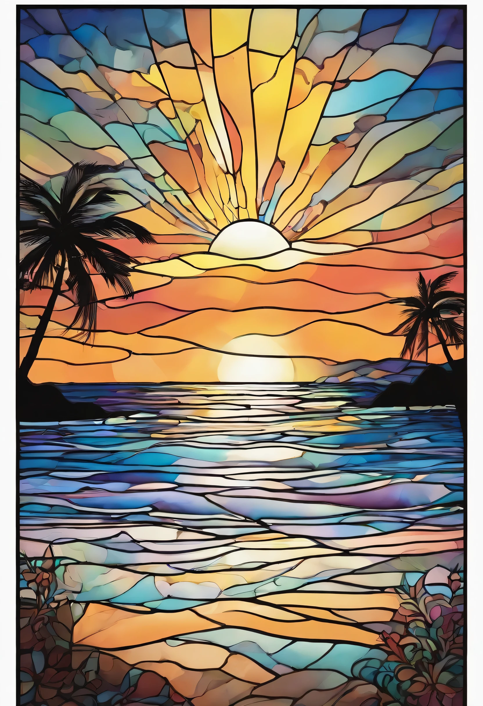 This image is、It depicts a breathtaking view of a beautiful sunset on a Hawaiian beach.. Under the dusk sunset and the pitch black starry sky, Beautiful water surface, A crescent moon shines in the sky. The play of light and shadow is impressive, Create an enchanting and dreamy atmosphere, Capture the essence of a romantic beach.