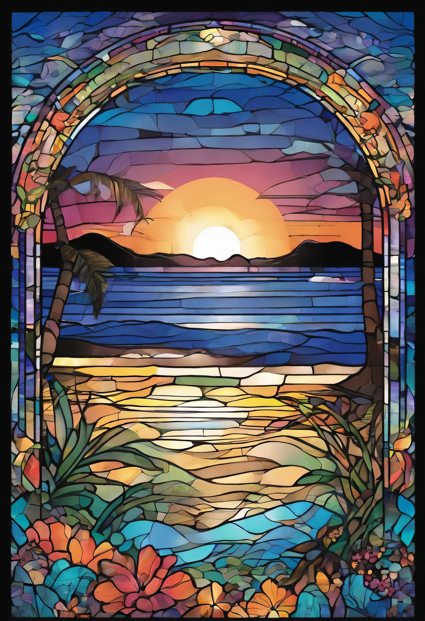 This image is、It depicts a breathtaking view of a beautiful sunset on a Hawaiian beach.. Under the dusk sunset and the pitch black starry sky, Beautiful water surface, A crescent moon shines in the sky. The play of light and shadow is impressive, Create an enchanting and dreamy atmosphere, Capture the essence of a romantic beach.