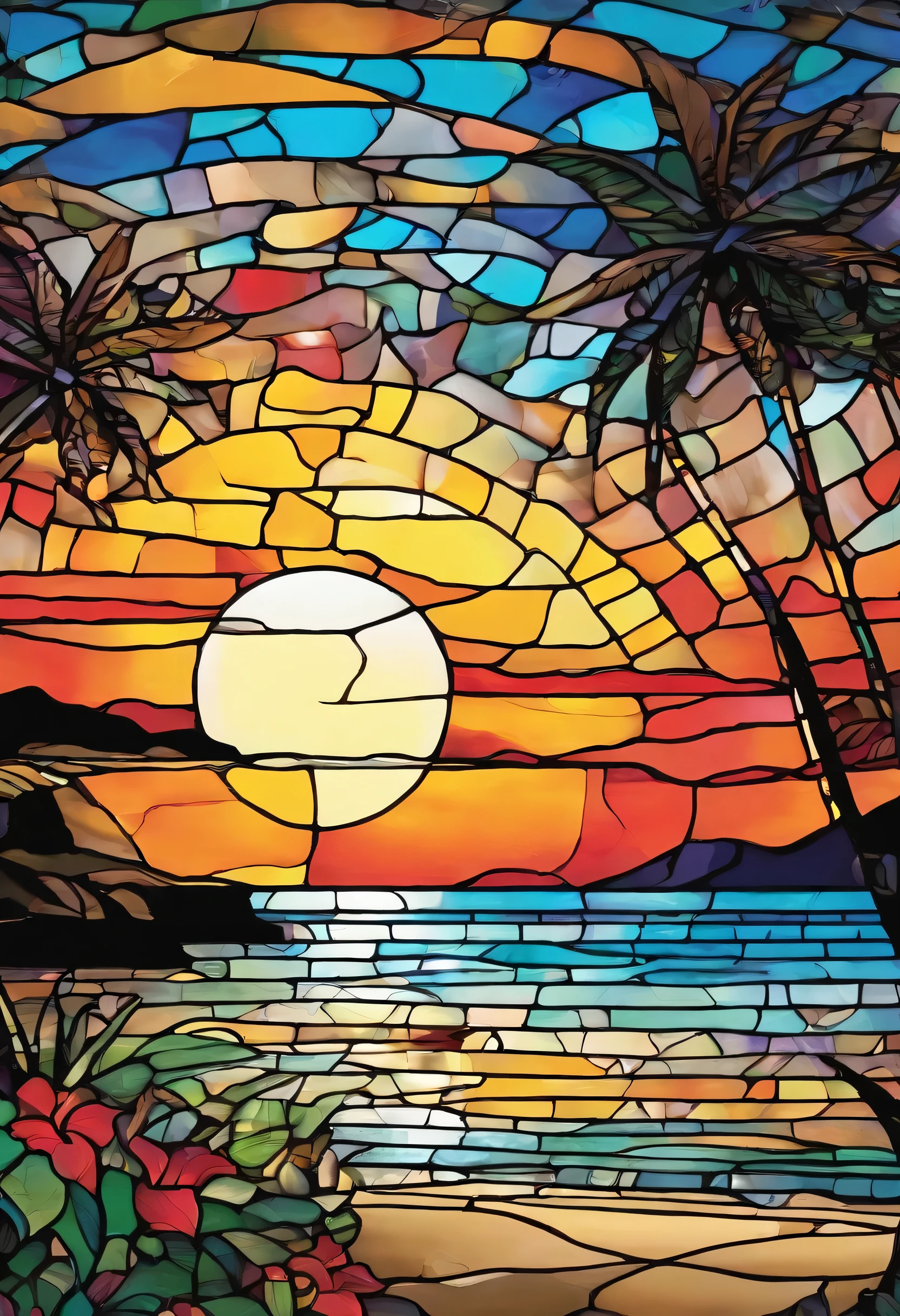 This image is、It depicts a breathtaking view of a beautiful sunset on a Hawaiian beach.. Under the sunset and the stars, Beautiful water surface, A crescent moon shines in the sky. The play of light and shadow is impressive, Create an enchanting and dreamy atmosphere, Capture the essence of a romantic beach.