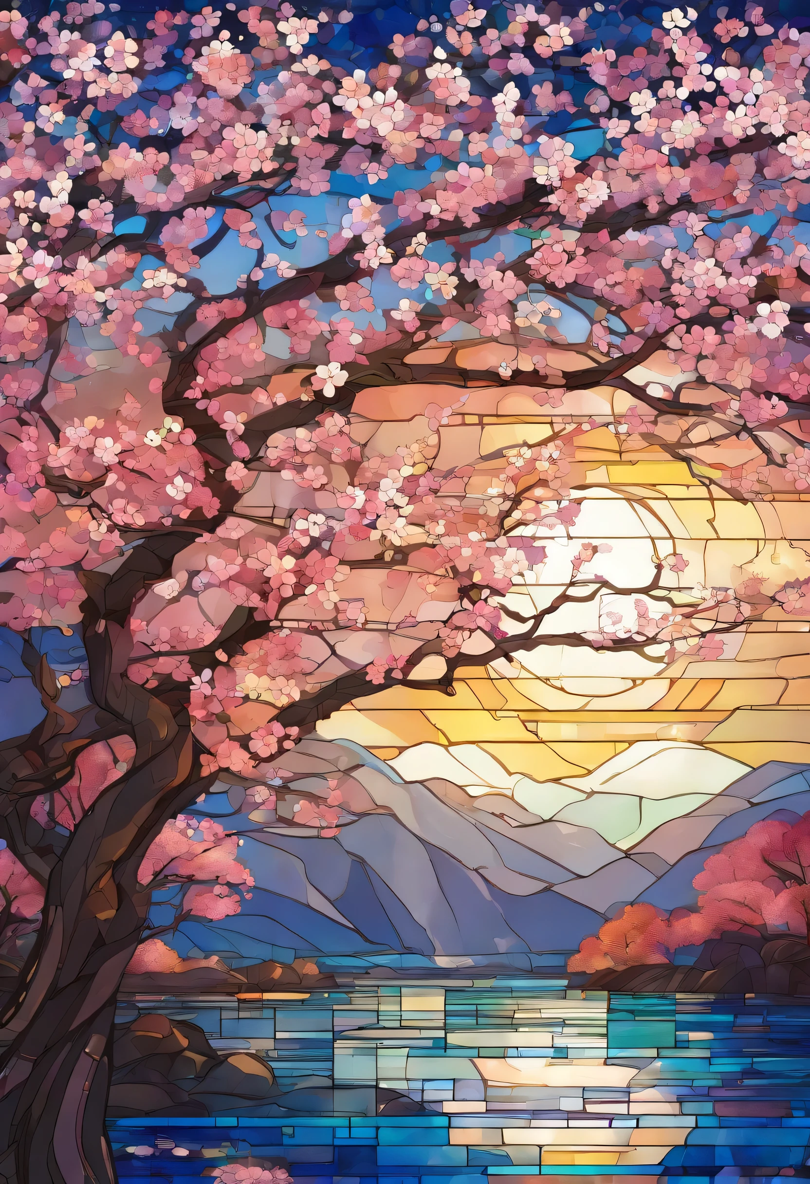 This image is、Cherry blossom trees in full bloom at night々It depicts breathtaking views of. Under the shining blue starry sky, Cherry blossom petals fall quietly, A crescent moon shines in the sky. The play of light and shadow is impressive, Create an enchanting and dreamy atmosphere, Capturing the essence of a romantic spring evening.