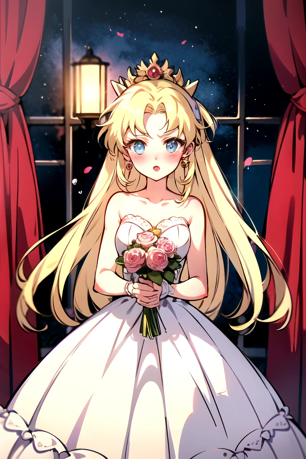 yellow hair
blue eyes
colorful
anime
illustration
eye contact
ear blush
light blush
wedding dress