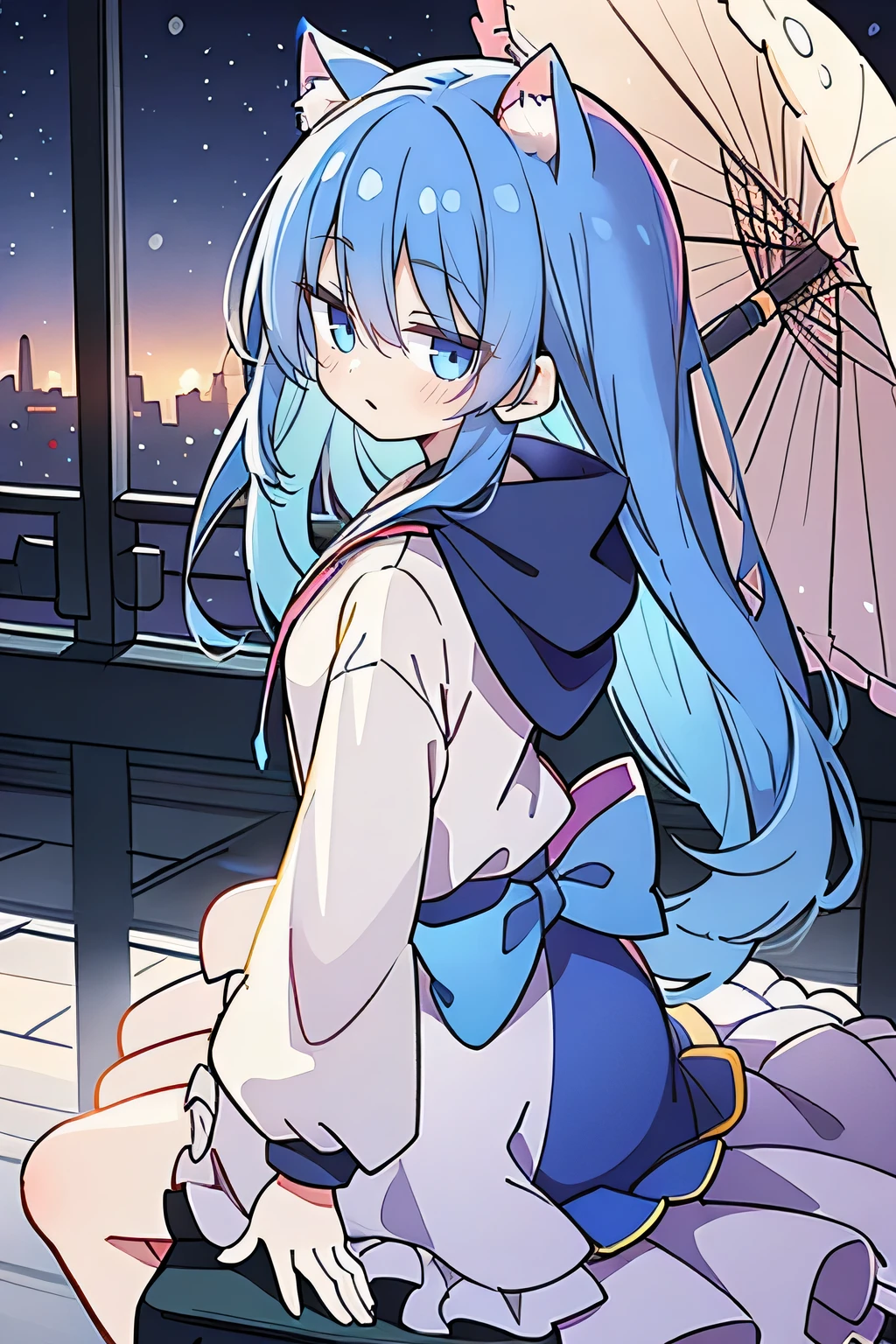 （masterpiece：1.2），Super detailed，lifelike，Expressive eyes，fair skin，perfect face shape，1 girl，
Japanese comics,Gorgeous blue hair,flowing blue hair,flowing clothes,Cat ears,Petals fall,beautiful lola,Baby Angel,
Shaking head with one hand，Cross your legs，Gentle and peaceful background，The pavilion is cool and comfortable,smile, wearing hoodie, background of tokyo,back views,snowing, winter.