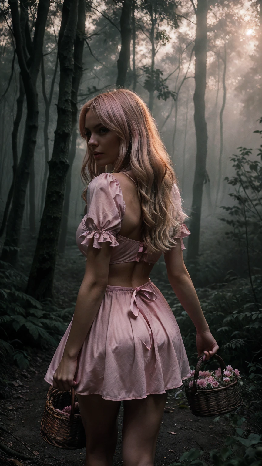 Eerie Fairytale Forest: Subject: A blonde 36dd bra woman (22) with messy hair, cosplaying a pink Little Red Riding Hood with a determined look, walks through a misty forest at dusk, holding a basket filled with glowing pink flowers. Strange creatures in pink costumes peek from behind trees. Technical: High-resolution camera (e.g., Hasselblad H6D-100c), wide-angle lens (e.g., 50mm), focus on the woman and the basket, soft, diffused twilight light with mist emphasizing the mysterious atmosphere, hint of an ominous creature in the background.