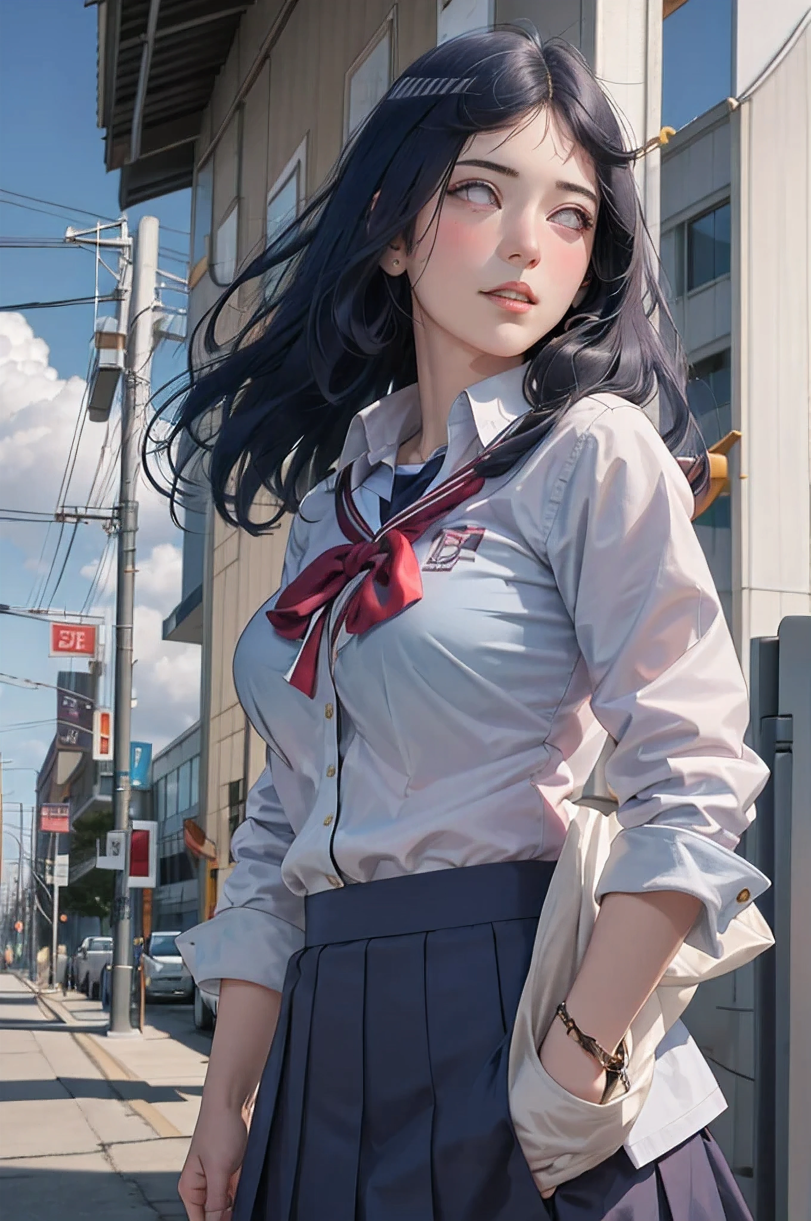 masterpiece, hinata\(boruto\), 1girl, solo, young female, ((((high school uniform)))), (high School), outdoors, looking at viewer, cloudy sky, perfect composition, detailed lips, school building, big breast, beautiful face, body propotion, blush, (pink lips), ((long hair)), purple eyes, soft gaze, sad smile, super realistic, detailed, photoshoot, realistic face and body, realistic hair, realistic eyes, realistic nose, realistic lips, (((dark blue hair))), 25 years old girl, flowing skirt