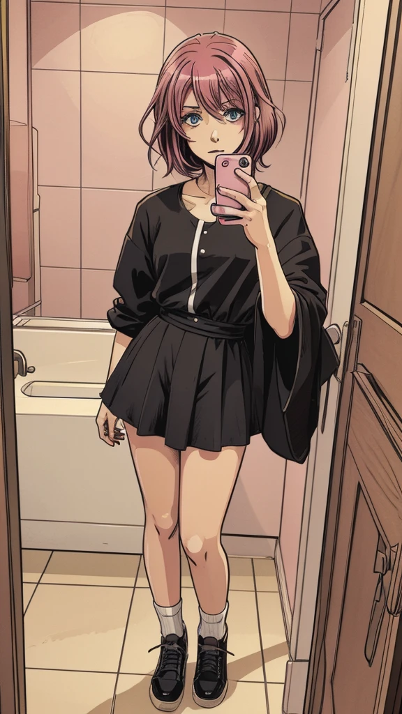 vector image:1.2, 2d cartoon,masterpiece, An anime woman, blush,colored hair, bold makeup, teenage-fashion clothing, selfie, in restroom, full body