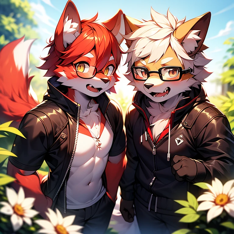 wear glasses,Red hair all over, Male wolf,short hair, Bright Eyes,The eyes are gray,With black bow,White belly,The tip of the tail is white,Meatballs Pink,hairy,hairy male ,Male focus,Flower charcoal,(Body hair, hairy尾巴, Red fur,),Long canine teeth,浑身hairy的,Bodysuit,Look into the camera,Acting cute