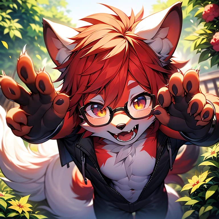 furry fandom illustration, red glasses, madure and cute shy boy african wild dog mixed with wolf, dark cream color fur, red muzzle, red glasses, timid smile, with one pivoted ear, inside a dark room, wearing a light green leash, sucking a wolf penis