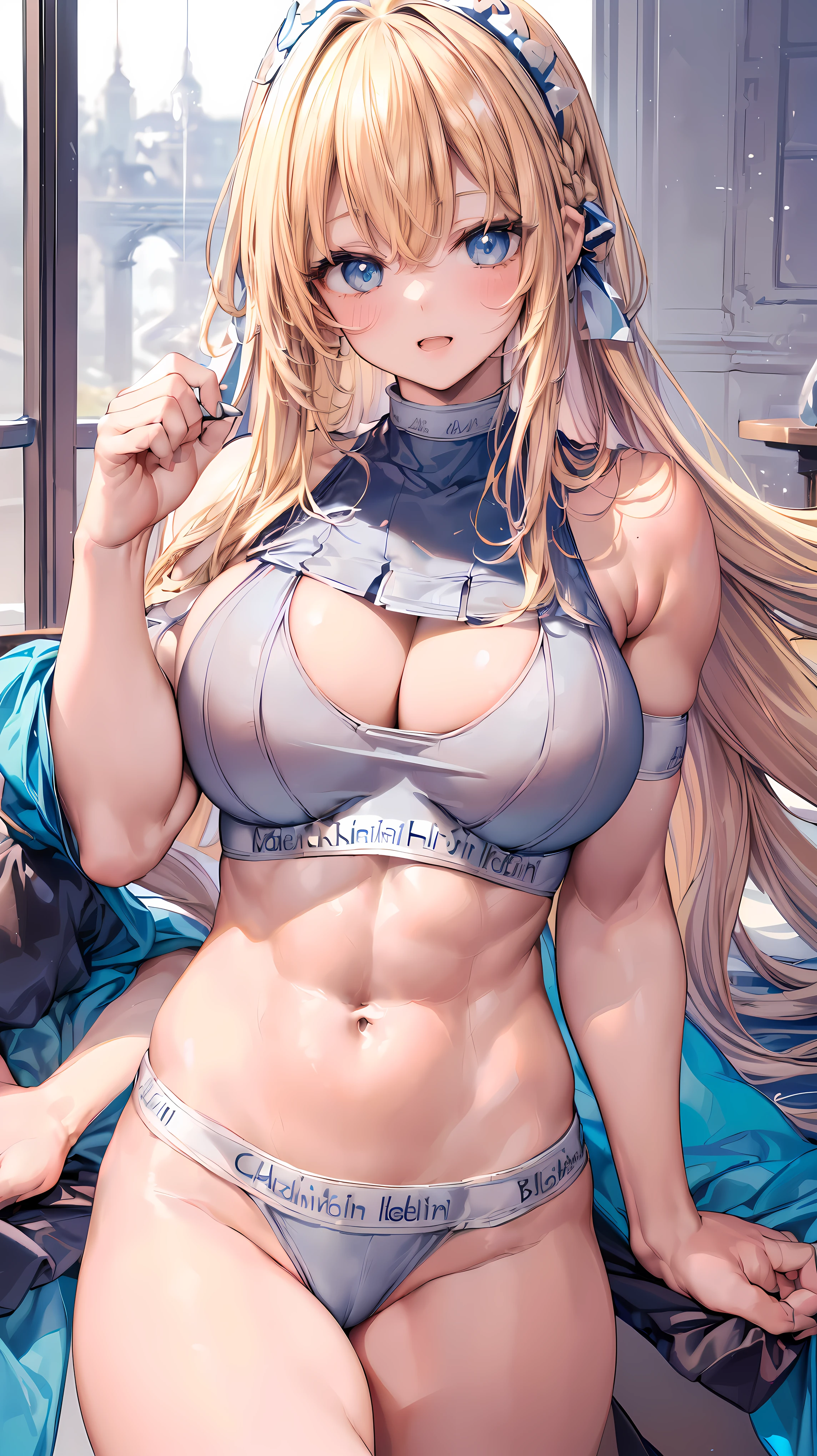 Very detailed、highest quality、Best image quality、masterpiece、8k、Anime Face、A kind smile、(Open your mouth:1.3)、Sparkling blue eyes、(Blonde semi-long hair:1.5)、(Muscles of the whole body:1.3)、(High leg:2.0)、Thigh belt、(Calvin Klein T-back:1.5)、(Upper body close-up:1.5)、(SFW Giant)、(Thick body:1.3)