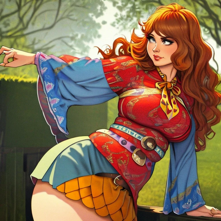 (masterpiece), (best quality), realistic, pudgy hippie, curvy body, 70s style clothing,