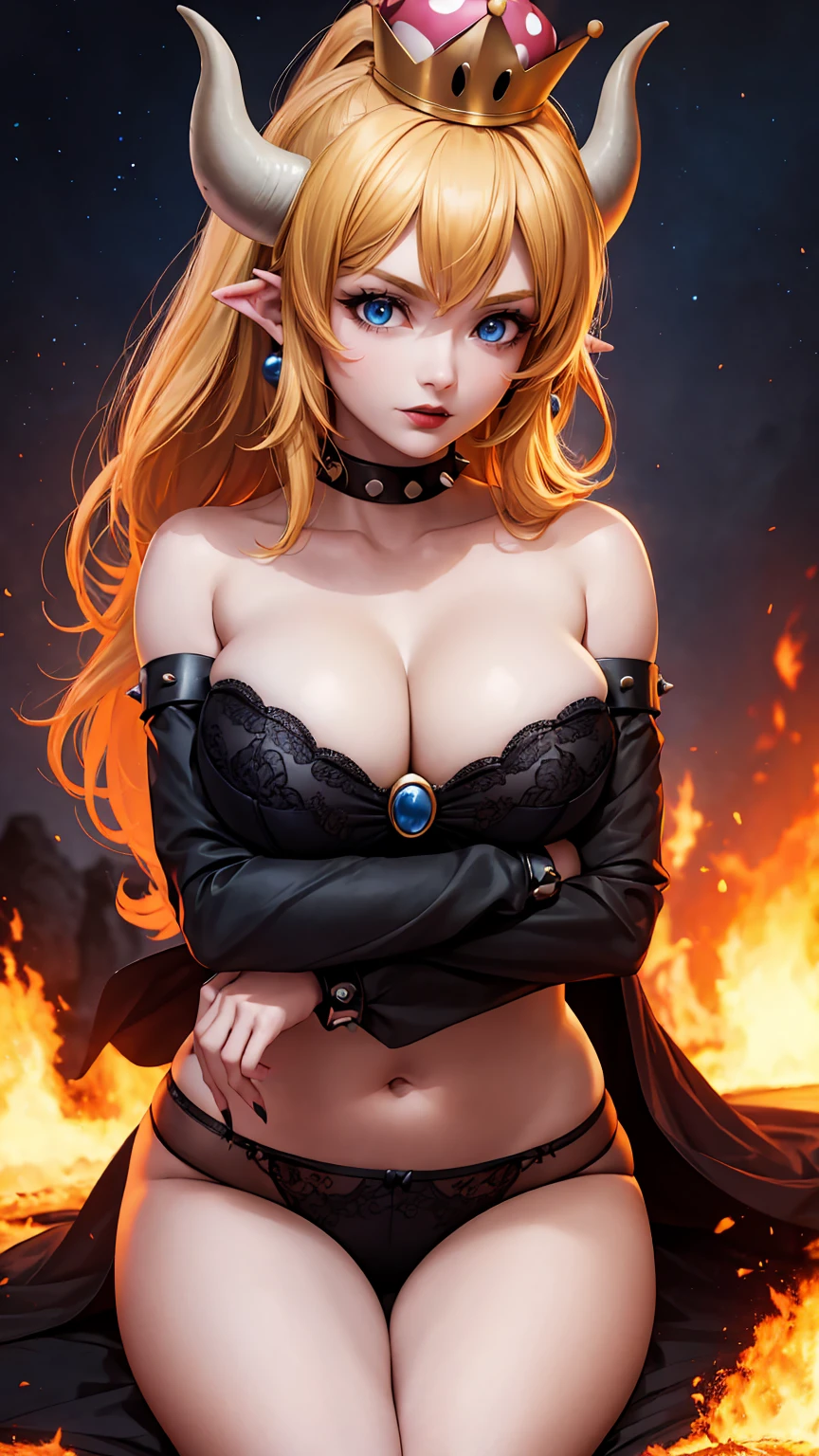 ((high detailed, best quality, 4k, masterpiece, hd:1.3)), ((best quality)), (((HD))), (((8k))), (ultraDH), (ultra HD), Princess Daisy, blue eyes, BREAK blue eyes, seductive, attractive, smooth anime cg art, 36C breasts, long legs, vivid colors, detailed digital art, slim body, perfect skin, dark blonde hair, long hair, blonde hair, blonde hair, BREAK crown, cleavage, 36C cleavage, looking at viewer, BREAK looking at viewer, extremely detailed face, red santa suit, red santa claus suit, santa claus suit, earrings, gem, dark black makeup lips, dark gothic eyeshadows, dark eyeshadows, black eyeshadows, black sexy lips, black lips, (dark:1.2), dark lips, very dark lips, (perfect hands, perfect anatomy), black makeup, black medium lips, black thick lips, detailed fingers, five fingers per hand, 5 fingers, (1 girl), detailed lips, detailed black lips, black painted lips, gothic painted lips, BREAK night, night sky, (breast focus), (arms outstreched:1.2), (from above:1.1), (breasts out:1.3), (off shoulder:1.1), (white horns), (((lingerie))), inside a lava castle, she inside a sea of lava, she bathing in lava,