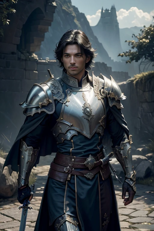 (master piece:1.5), (best quality:1.5), (exquisite lighting and shadow, highly dramatic picture, cinematic lens effect) (Photorealistic picture) highly detailed, realistic, cinematic lighting, studio quality, 8k, wallpaper, dynamic pose, anatomy correct, epic fantasy digital art, Epic composition, short black hair Male swordsman wearing a blue leather armor, silver plate chest no shoulders with small gold accents, no helmet, no cape, holding a great sword, castle gate behind at the distance, big rocks background, castle gate background