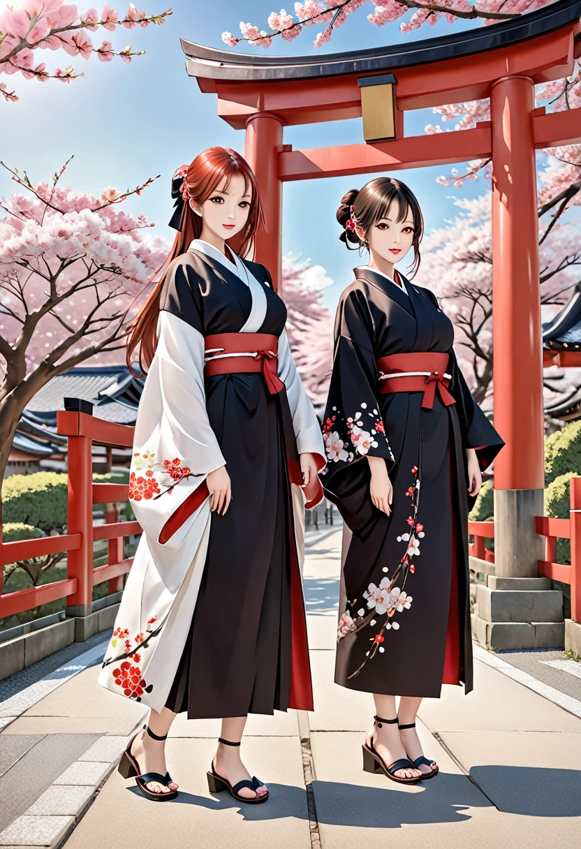 ((masterpiece,highest quality)),Two Girls, black kimono, Black legwear, black ribbon, Black Hair, cherry blossoms, Day, flower, Hair Bun, hair ribbon, kimono, kimono, Long Hair, View your viewers, Recall , Multiple Girls, belt, Outdoor, Red eyes, Redhead, ribbon, Sandals, Good single, stage, Are standing, picture, torii, wood, white kimono, Yellow Eyes