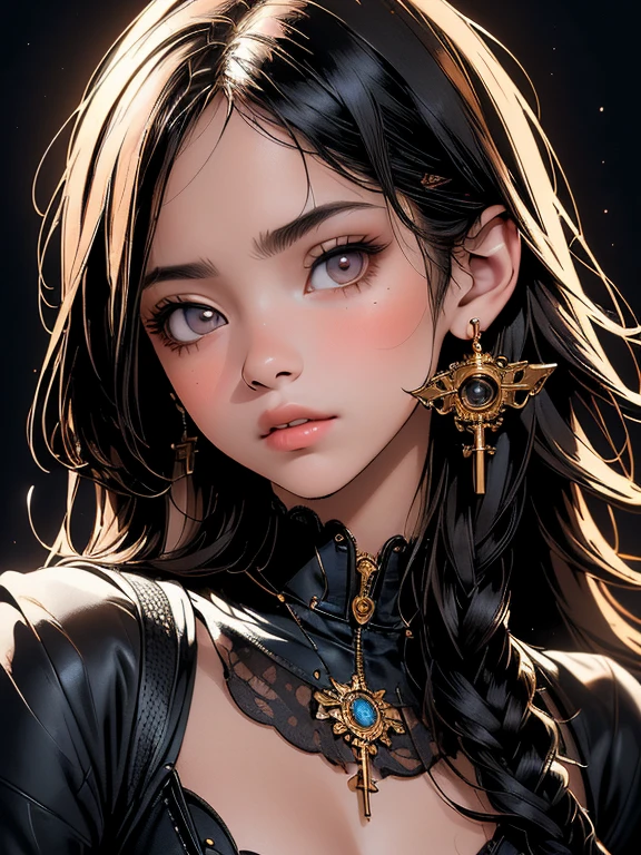 (best quality, 8k, 32k, masterpiece, UHD:1.2), highres, sharp focus, detailed outfit, absurdres, key visual,++++, beautiful detailed hair, delicate details, *****, hannah_owo, (headshot:1.2) portrait on a (plain black background:1.2), (headshot:1.2), (face focus:1.1), (facing the camera:1.2), Head in the centre, (eye contact:1.3), (intense stare:1.1), mouth open, (facing straightforward:1.2), (forward facing:1.1), Head, face, Head focus, Head tilted down, looking slightly up at the camera, bokeh, f1.4, 40mm, photorealistic, raw, 8k, textured skin, skin pores, intricate details epiCRealism 