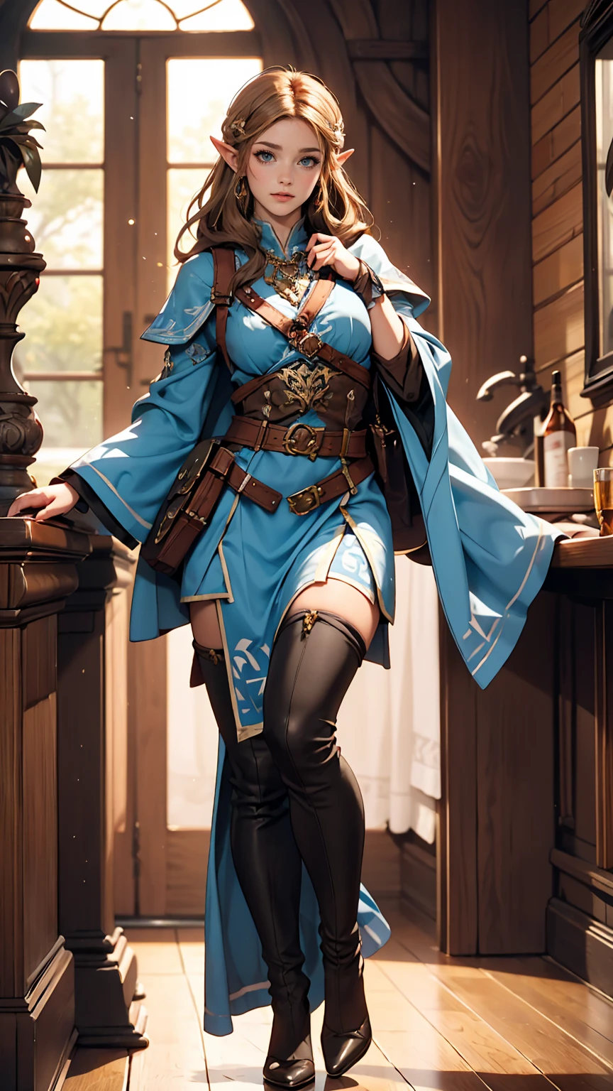 Princess Zelda full body shot, Brown Hair, blue eyes, Dressed as an Assassin's Creed Assassin, white+金色でwhiteいマスクと金色のディテールが施されたフード, XL Bust, Using the Wrist Blade. background: Renaissance city. Unreal Engine 5, anime, anime style, masterpiece, Well drawn eyes, Well-drawn faces, 細部までWell drawn eyes, Well-drawn faces, 8k, Light and shadow effects.