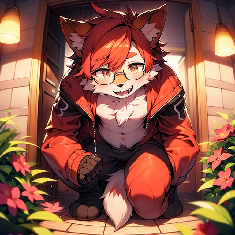 wear glasses,Red hair all over, Male wolf,short hair, Bright Eyes,The eyes are gray,With black bow,White belly,The tip of the tail is white,Meatballs Pink,hairy,hairy male ,Male focus,Flower charcoal,(Body hair, hairy尾巴, Red fur,),Long canine teeth,浑身hairy的,Bodysuit,Look into the camera,Acting cute