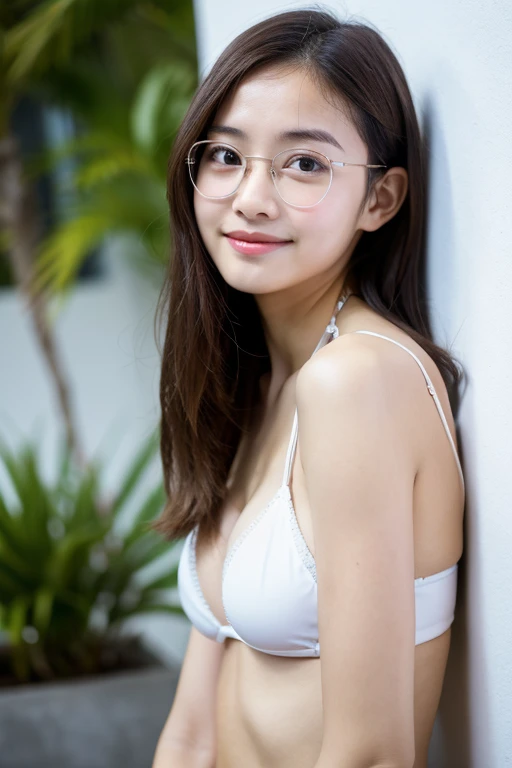 Realistic, Best Quality, Girl, Young Adult Woman Who Looks Like a High School Girl, High Resolution, Natural Skin, Portrait, Looking at Camera, Photo_Light, {{}}, Ulzzang-6500-v1.1:0.8 Facing forward, standing upright, no makeup, in front of an inorganic white wall indoors, white string bikini, wide eyes, serious and honor student atmosphere, smile, glasses