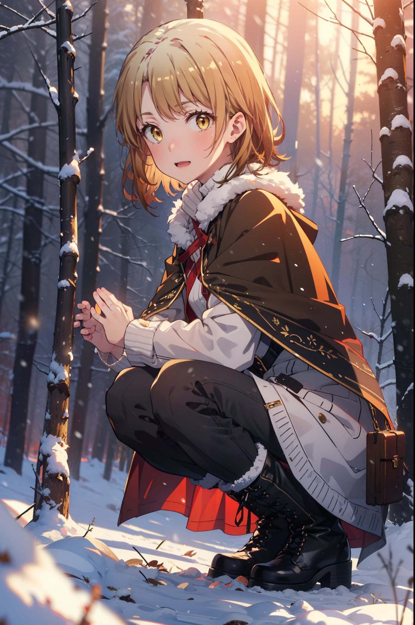 irohaisshiki, Iroha Isshiki, short hair, Brown Hair, (Brown eyes:1.5), smile,
Open your mouth,snow, Ground bonfire, Outdoor, boots, snowing, From the side, wood, suitcase, Cape, Blurred, forest, nature, Brown eyes, Red Handbag, Squat, Mouth closed, Cape, winter, Written boundary depth, Black shoes, red Cape break looking at viewer, Upper Body, whole body, break Outdoor, forest, nature, break (masterpiece:1.2), highest quality, High resolution, unity 8k wallpaper, (shape:0.8), (Beautiful and beautiful eyes:1.6), Highly detailed face, Perfect lighting, Extremely detailed CG, (Perfect hands, Perfect Anatomy),