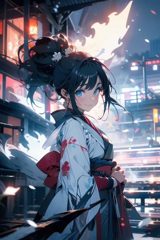 1lady,solo,cute,smile,black hair and long hair,standing,kimono,outdoor,falling snow