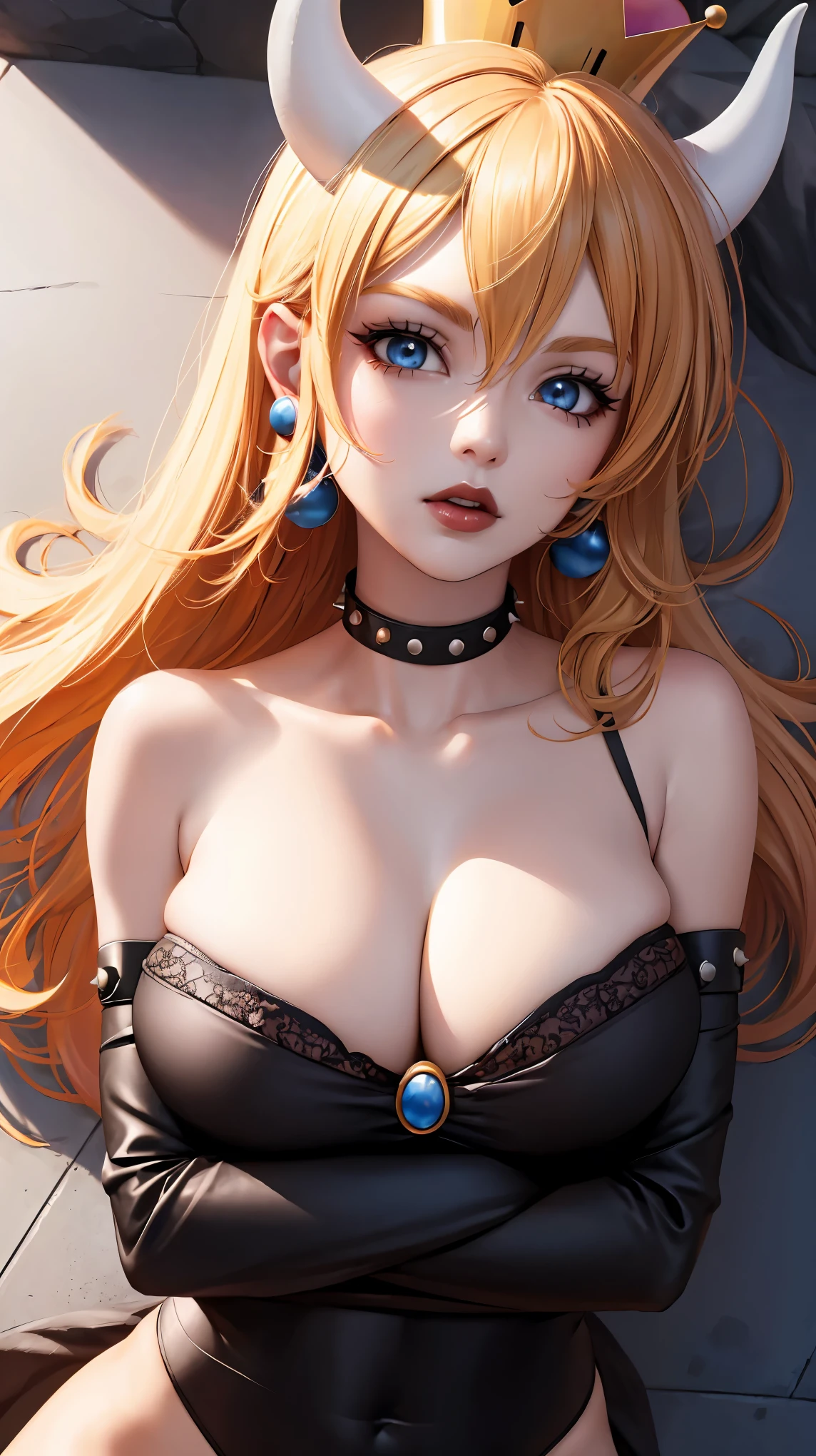 ((high detailed, best quality, 4k, masterpiece, hd:1.3)), ((best quality)), (((HD))), (((8k))), (ultraDH), (ultra HD), Princess Daisy, blue eyes, BREAK blue eyes, seductive, attractive, smooth anime cg art, 36C breasts, long legs, vivid colors, detailed digital art, slim body, perfect skin, dark blonde hair, long hair, blonde hair, blonde hair, BREAK crown, cleavage, 36C cleavage, looking at viewer, BREAK looking at viewer, extremely detailed face, red santa suit, red santa claus suit, santa claus suit, earrings, gem, dark black makeup lips, dark gothic eyeshadows, dark eyeshadows, black eyeshadows, black sexy lips, black lips, (dark:1.2), dark lips, very dark lips, (perfect hands, perfect anatomy), black makeup, black medium lips, black thick lips, detailed fingers, five fingers per hand, 5 fingers, (1 girl), detailed lips, detailed black lips, black painted lips, gothic painted lips, BREAK night, night sky, (breast focus), (arms outstreched:1.2), (from above:1.1), (breasts out:1.3), (off shoulder:1.1), (white horns), (((lingerie))), inside a lava castle, she inside a sea of lava, she bathing in lava,