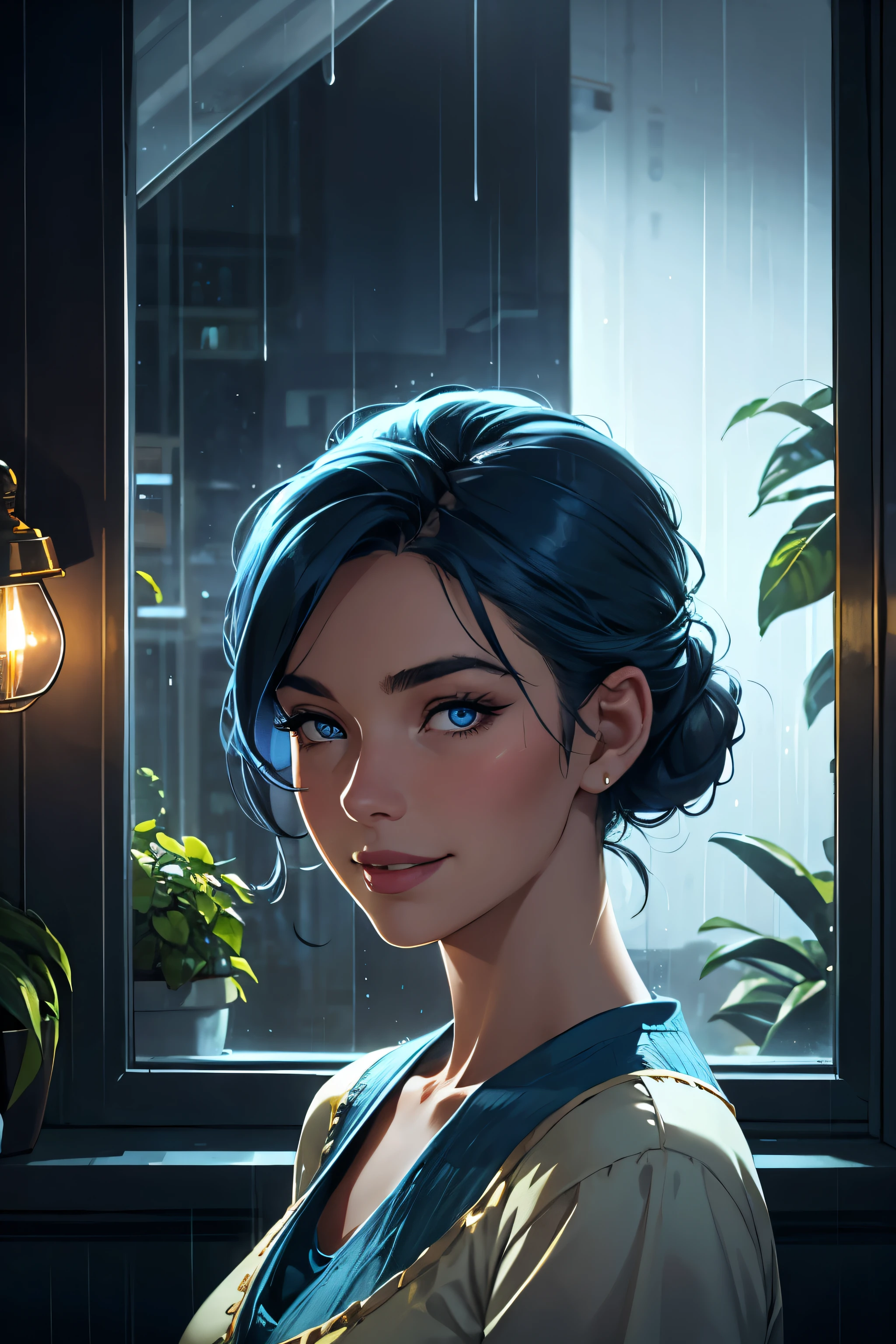 Girl looking out of window, pretty smile  wearing blue and gold top, detailed blue eyes and lips, hair tied in bun, night lights, mood lighting, cosy, raining outside, plants in room