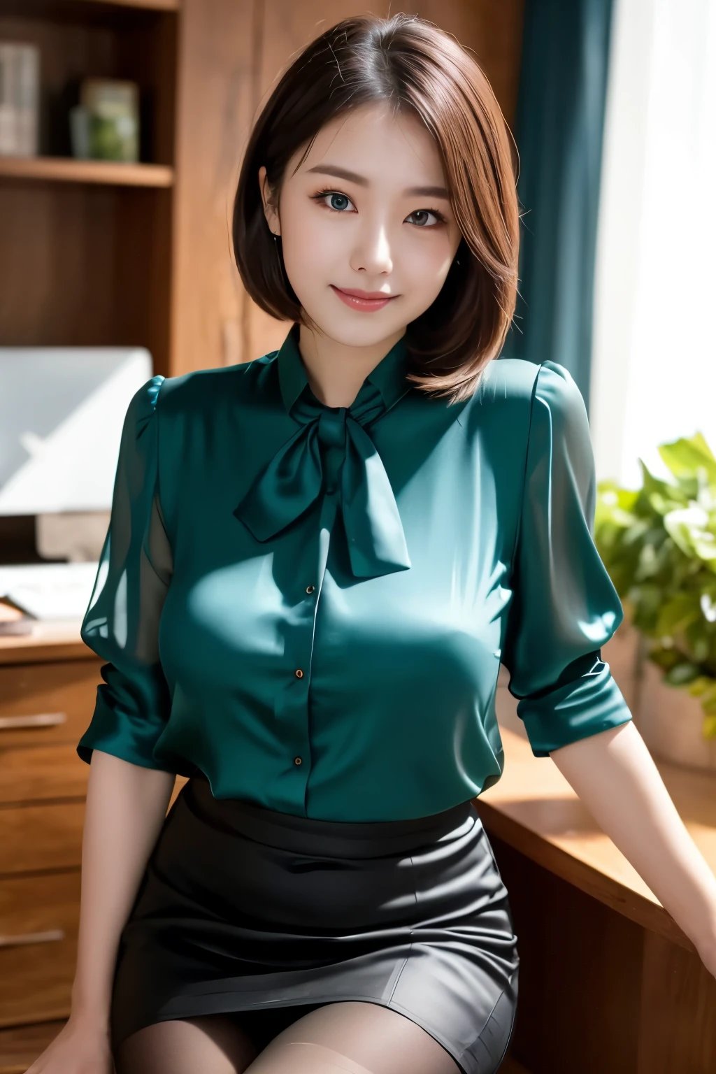 ulzzang-6500-v1.1, (RAW Photos:1.2), (Photorealistic), (See-through:1.3), (Mastepiece), (Genuine:1.4), (1Elite girl)、22 years old, Blue Eyes of the Sea(Eye details), A shy smile、(I wear my hair up and tied up)、(Elegant silk blouse:1.3), (Ultra-realistic pantyhose:1.2), (flare skirt:1.2), sit in an office and work at a desk、Realistic skin texture、Glowing Skin、Exposed thighs!!! , Makeup、