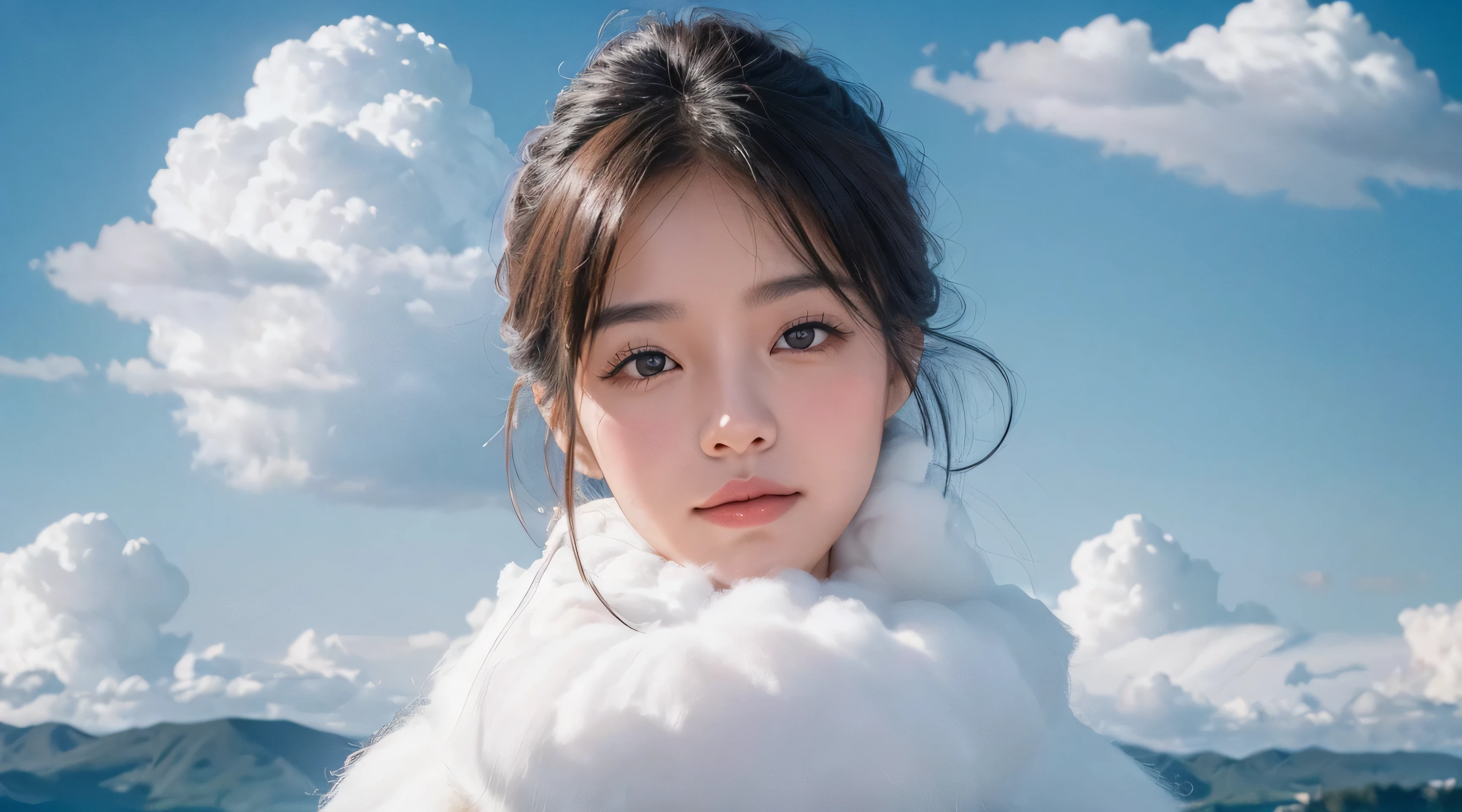 ((Perfect Face)), ((highest quality)),Ultra-high resolution, 4K, wallpaper, High quality photos, Portrait of a cute dog on a cloud ADDCOMM Night sky, Aozora ADDROW Cute dog Tusun, tusuncub ADDROW Soft Cloud, (White cloud:1.6)