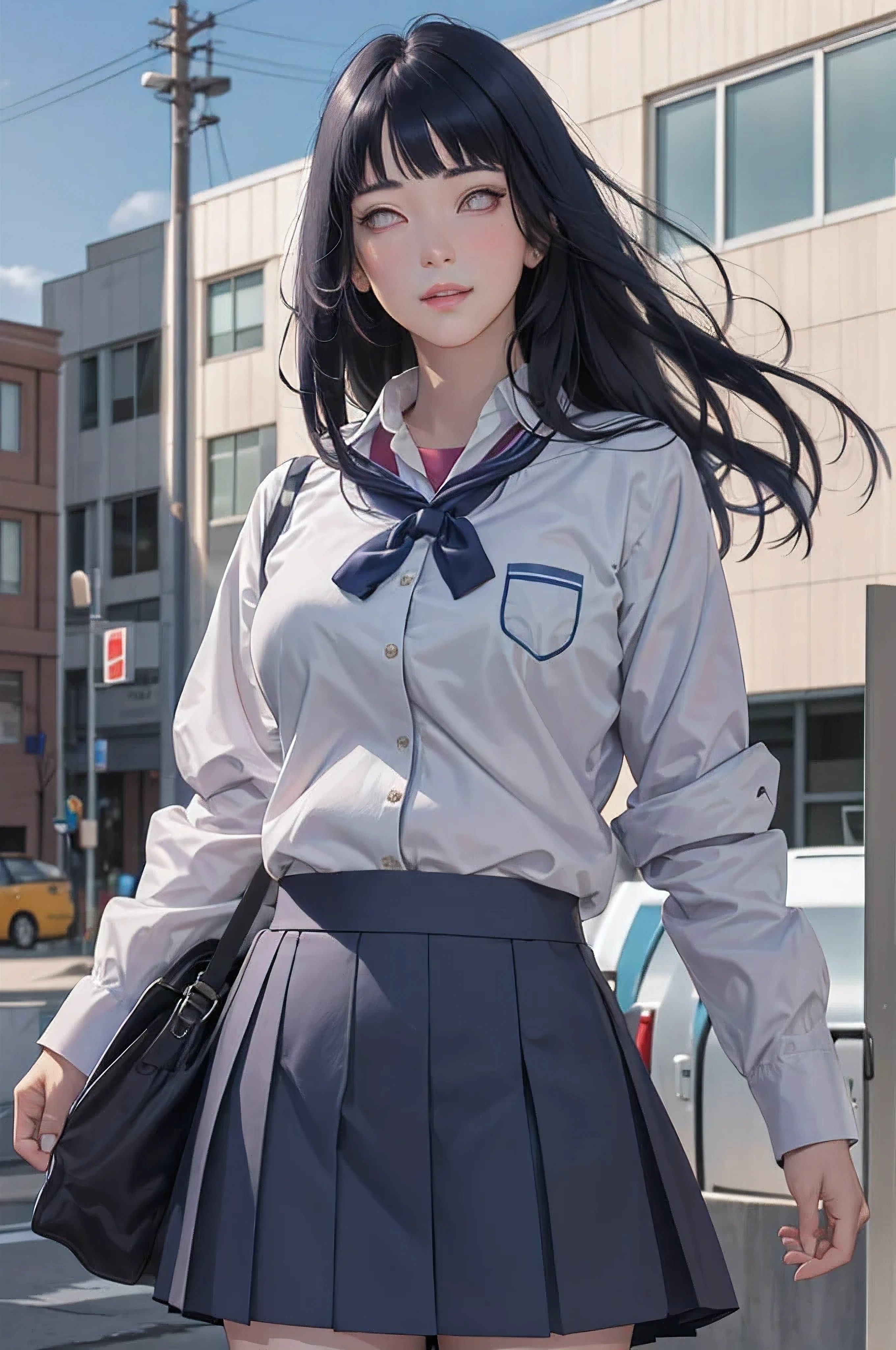 masterpiece, hinata\(boruto\), 1girl, solo, young female, ((((high school uniform)))), (high School), outdoors, looking at viewer, cloudy sky, perfect composition, detailed lips, school building, big breast, beautiful face, body propotion, blush, (pink lips), ((long hair)), purple eyes, soft gaze, sad smile, super realistic, detailed, photoshoot, realistic face and body, realistic hair, realistic eyes, realistic nose, realistic lips, (((dark blue hair))), 25 years old girl, flowing skirt